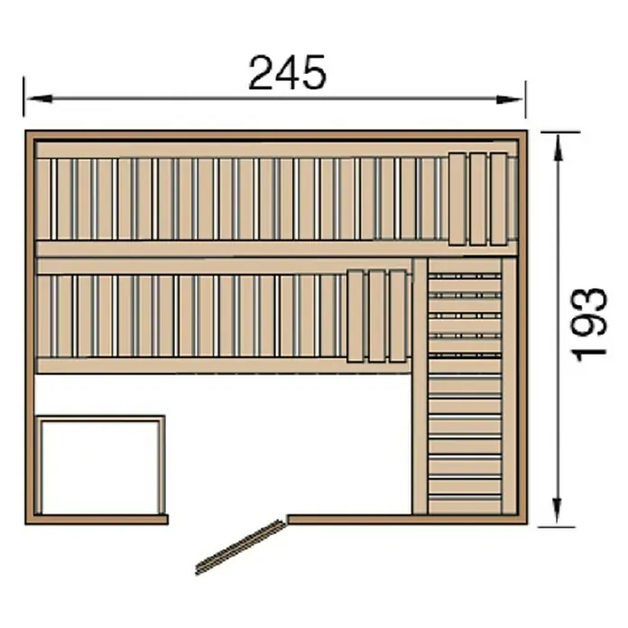 Weka Massivholzsauna KEMI 5 GT - L x B x H: 193 x 245 x 199 cm - Detaillierter Grundriss einer Sauna mit Maßangaben für Breite (245) und Tiefe (193), ideal für Planung und Bau.