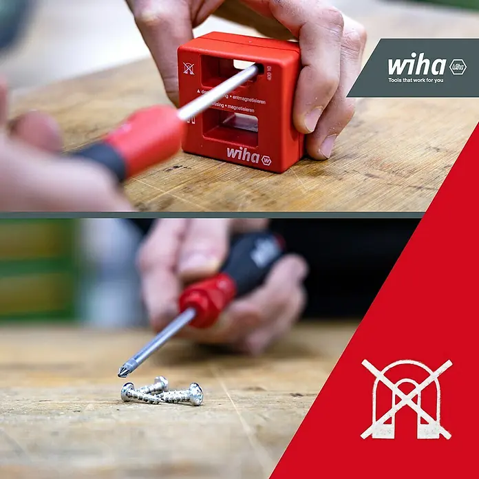 Wiha Magnetisiergerät - Geeignet für: Schraubendreher - Roter Wiha Magnetisierer/Entmagnetisierer wird mit einem Schraubendreher verwendet. Das Werkzeug magnetisiert den Schraubendreher, der dann Schrauben aufnimmt.