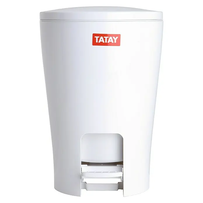Tatay Cubo con pedal Diabolo - 5 l, Blanco - Cubo de basura blanco Tatay con logo rojo, ideal para el baño o la cocina, ofrece eliminación higiénica de residuos sin contacto manual.