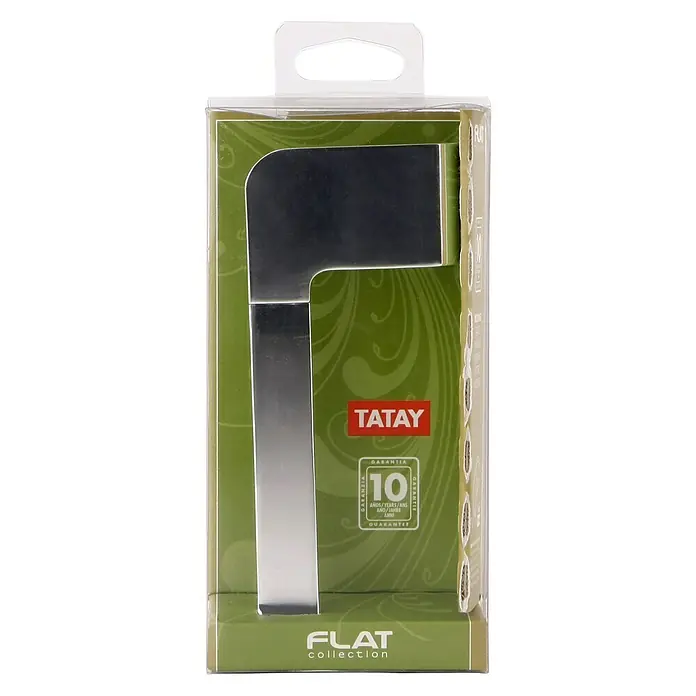 Tatay Flat Portarrollos papel higiénico - Sin tapa, Aluminio, Cromo - Esta imagen muestra la Tatay Flat Collection, un accesorio de baño moderno en un embalaje transparente con detalles verdes.