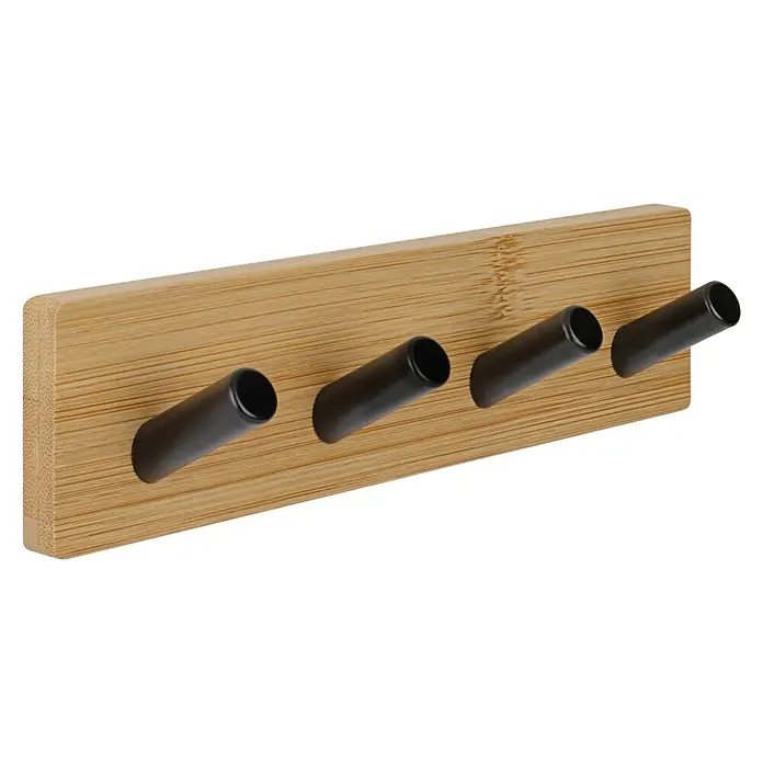 Walteco Wandhaken - L x B x H: 180 x 45 x 30 mm, Anzahl Haken: 4 Stk., Eckig - Bambus-Garderobe mit vier schwarzen Metallhaken.