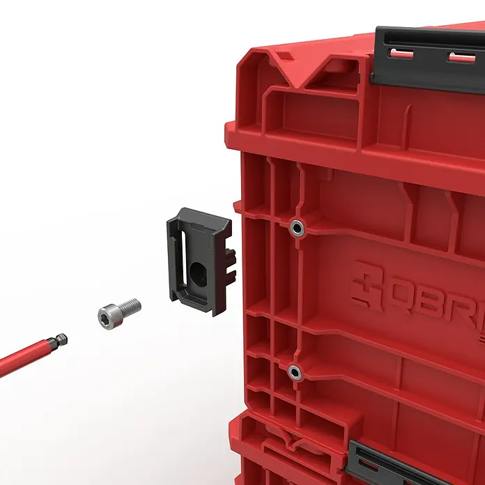 Qbrick System Kleinteilekoffer - L x B x H: 18,2 x 25,7 x 6,5 cm, Passend für: QBRICK SYSTEM ONE 2.0 / PRO 2.0 / PRIME - Rote modulare Aufbewahrungsbox mit schwarzer Montagehalterung, silberner Sechskantschraube und rotem Schrauberbit zur Montage.