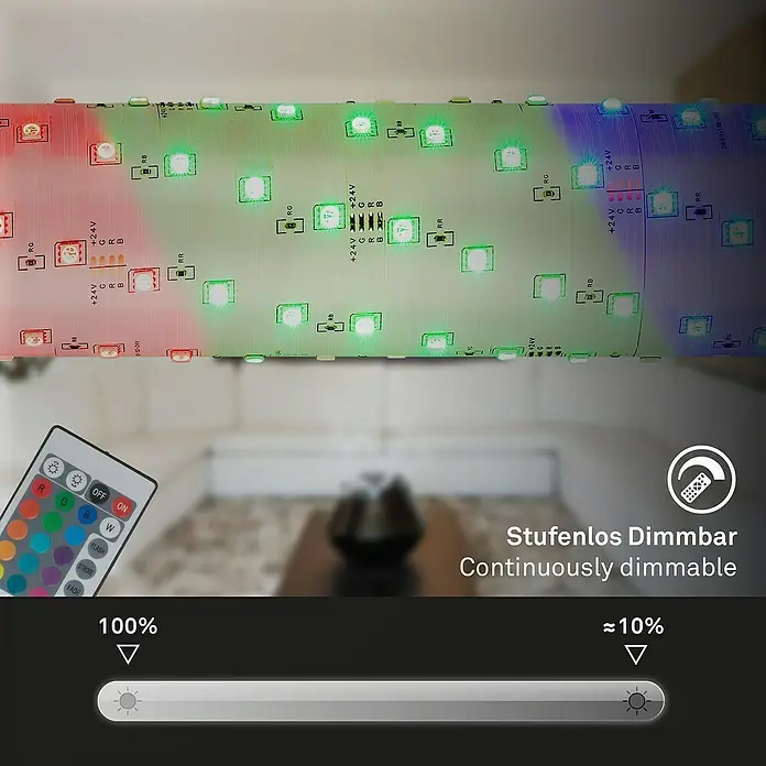 Brilo LED-Stripes Flexband - 20 m, RGB, 25 W - LED-Streifen mit Fernbedienung zur stufenlosen Dimmung von 100 % bis ca. 10 %.