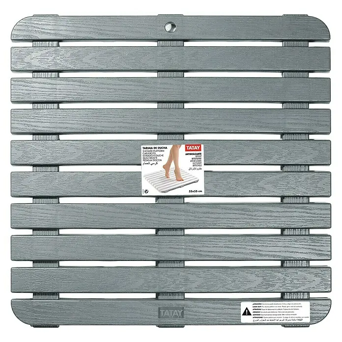 Tatay Tarima de baño - L x An: 55 x 55 cm, Gris, Polipropileno - Alfombra de ducha cuadrada gris Tatay de imitación madera, con superficie antideslizante para una sujeción segura en la ducha.