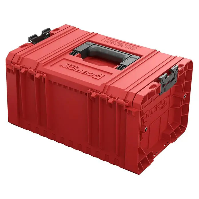 Qbrick System Werkzeugkasten Pro 2.0 - L x B x H: 45 x 33,1 x 24 cm, Polypropylen - Rote modulare Kunststoff-Werkzeugkiste mit schwarzem Griff und Verschlüssen.