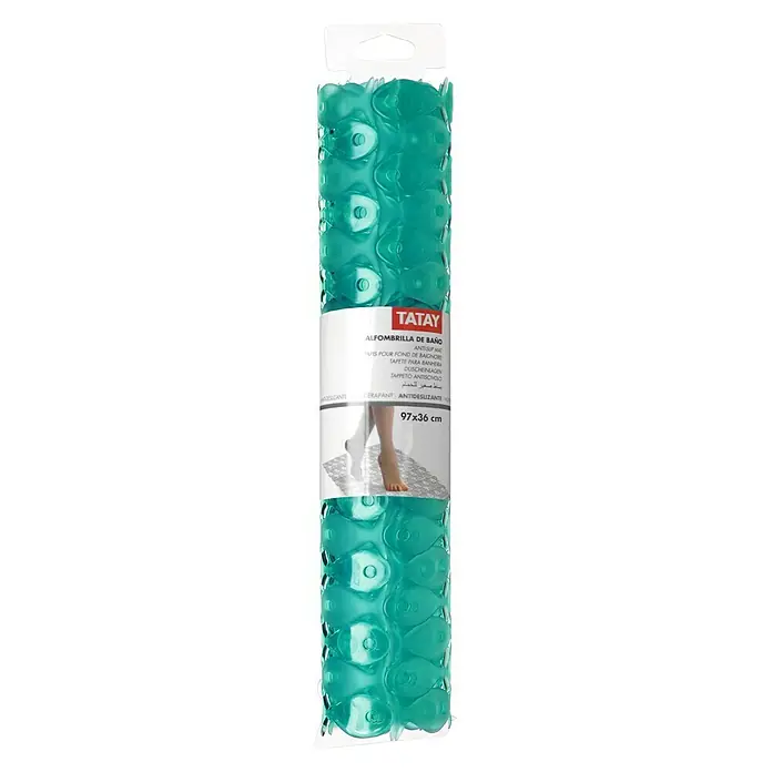 Tatay Antideslizante para bañera - 36 x 97 cm, Turquesa - Una alfombrilla de baño antideslizante verde de Tatay, enrollada y empaquetada, que ofrece seguridad y confort en el baño.