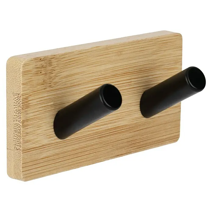 Walteco Wandhaken - L x B x H: 45 x 90 x 30 mm, Anzahl Haken: 2 Stk., Eckig - Bambus-Wandhakenleiste mit zwei schwarzen Metallhaken.