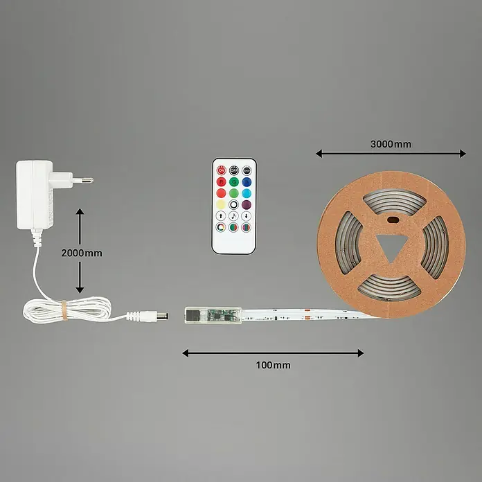Brilo LED-Stripes COB - Länge: 3 m, RGB, 22 W - Bild einer LED-Leuchtstoffröhre mit Zubehör. Inklusive Netzteil, Fernbedienung, Stecker und 3000mm LED-Band für stimmungsvolle Beleuchtung.