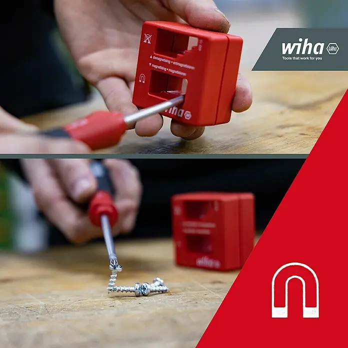 Wiha Magnetisiergerät - Geeignet für: Schraubendreher - Ein rotes Wiha Magnetisier-/Entmagnetisiergerät bereitet einen Schraubendreher vor, um Schrauben aufzunehmen, was seine magnetische Funktion demonstriert.