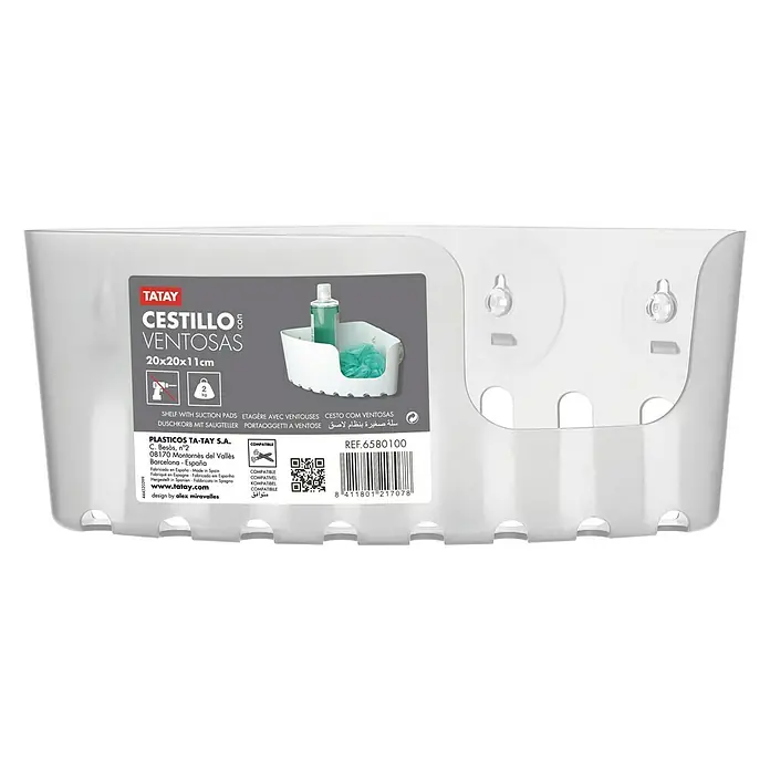 Tatay Cesta de baño angular Standard - L x An x Al: 20 x 20 x 11 cm, Transparente - Cesta de ducha esquinera blanca TATAY Cestillo con ventosas, ideal para guardar accesorios de baño sin taladrar.