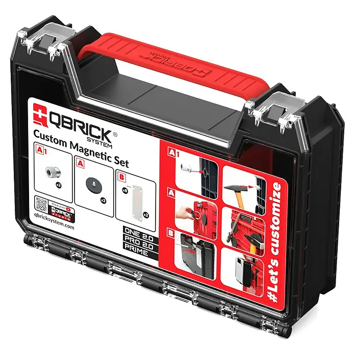 Qbrick System Zubehör-Set Magnetic - 14 -tlg. - Schwarzer Qbrick System Koffer mit transparentem Deckel und rotem Griff, zeigt ein individuelles Magnetset zur Werkzeugorganisation.