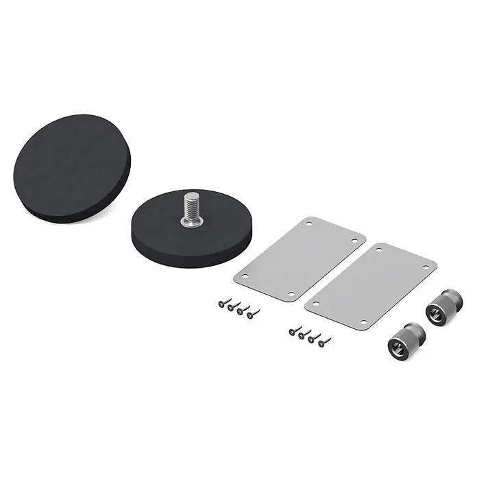 Qbrick System Zubehör-Set Magnetic - 14 -tlg. - Set aus dunkelgrauen Magnetfüßen, silbernen Metallplatten, Schrauben und Abstandshaltern zur Montage.