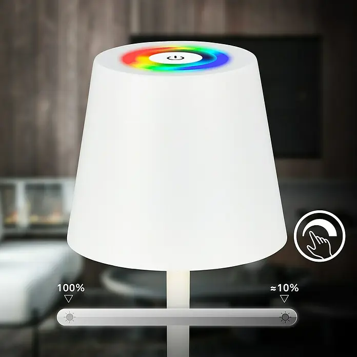 Brilo Akku-Tischleuchte Cilano - L x B x H: 12 x 12 x 36 cm, RGBW, 1 Stk., Weiß - Elegante Touch-Lampe mit dimmbarer Funktion und farbiger Oberseite. Perfekt für Nachttisch oder Wohnzimmer, bietet sie modernes Design und Komfort.
