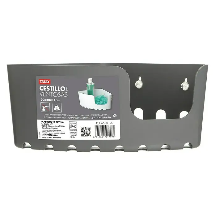 Tatay Cesta de baño angular Standard - L x An x Al: 20 x 20 x 11 cm, Gris - Estante gris TATAY Cestillo Ventosas con ventosas, ideal para baño o cocina, de 20x20x11cm, para un almacenamiento práctico de utensilios.