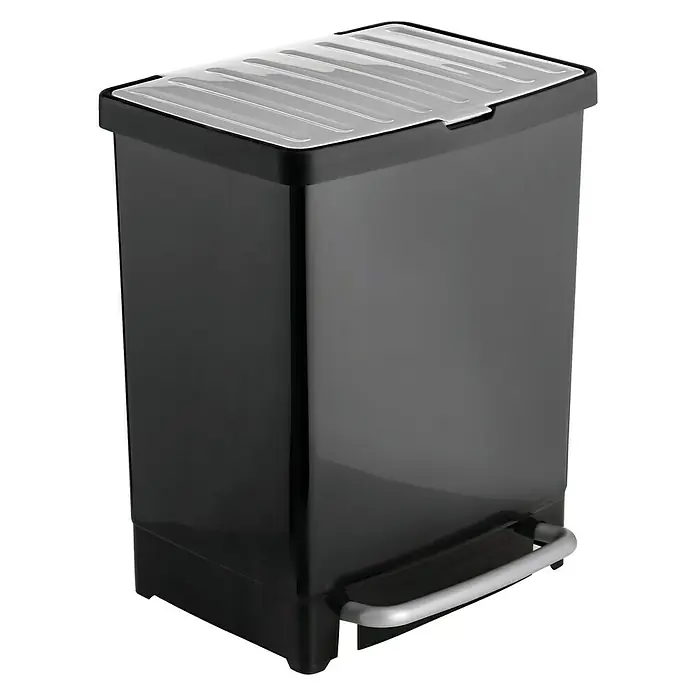 Tatay Papelera estándar Reciclaje - 25 l, Negro, Rectangular, Plástico - Cubo de basura negro con pedal y tapa plateada para la recogida higiénica de residuos domésticos. Práctico y elegante.