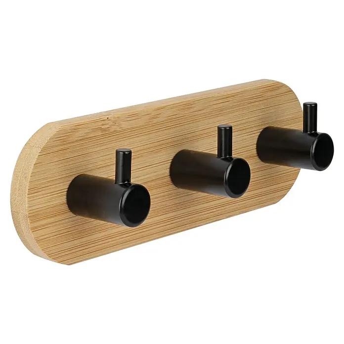 Walteco Wandhaken - L x B x H: 50 x 143 x 35 mm, Anzahl Haken: 3 Stk., Rund - Garderobenleiste aus Bambus mit drei schwarzen Haken.