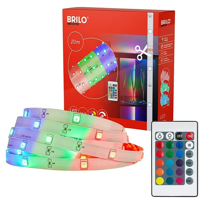 Brilo LED-Stripes Flexband - 20 m, RGB, 25 W - Ein 20-Meter-LED-Streifen von Brilo mit Farbwechsel, Dimmfunktion und Fernbedienung. Die Lichterkette ist vielseitig und anpassbar.