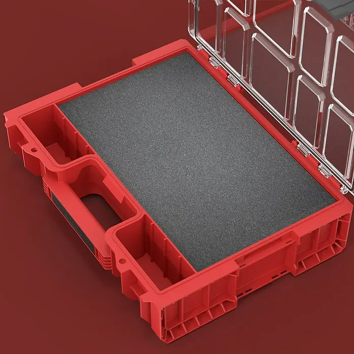 Qbrick System Kleinteilekoffer Pro Organizer 300 MFI - L x B x H: 45 x 35,8 x 11 cm, Anzahl Fächer: 3 Stk., Traglast: 25 kg - Offener roter Organizer-Koffer mit durchsichtigem Deckel und dunkelgrauer Schaumstoffeinlage.