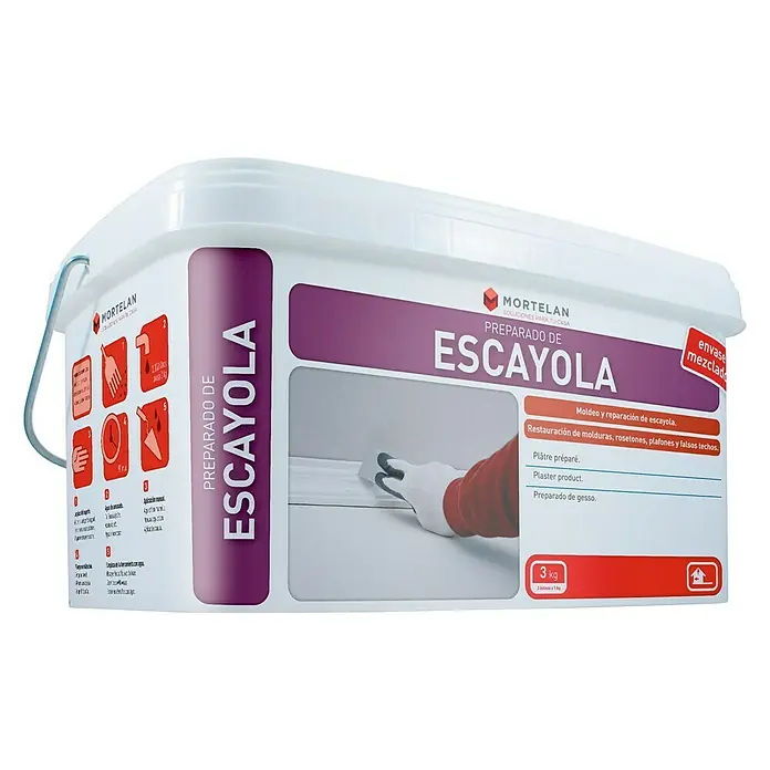 Gecol Enlucido de escayola Mortelan - 3 kg - Cubo de masilla preparada Mörtelan Escayola para la reparación y el moldeo de elementos de estuco como rosetones y revestimientos.