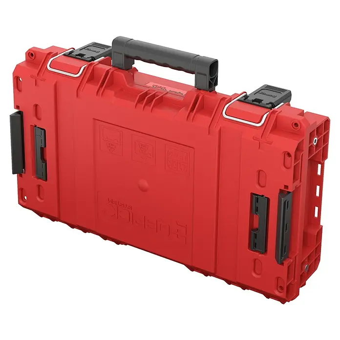 Qbrick System Werkzeugkoffer Prime 150 V - L x B x H: 53,5 x 32,7 x 14,1 cm, Traglast: 50 kg, Polypropylen - Rote robuste Kunststoff-Werkzeugkiste mit schwarzem Griff und Verschlüssen.