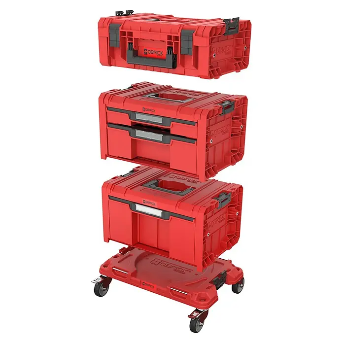 Qbrick System Werkzeugkasten 4 in 1 Set - L x B x H: 51 x 32,8 x 80,4 cm, Polypropylen, 4 -tlg. - Rotes, modulares QBRICK SYSTEM Werkzeugkasten-Set: Top-Einheit, Zwei-Schubladen-, Eine-Schublade-Einheit und Rollwagen-Basis.
