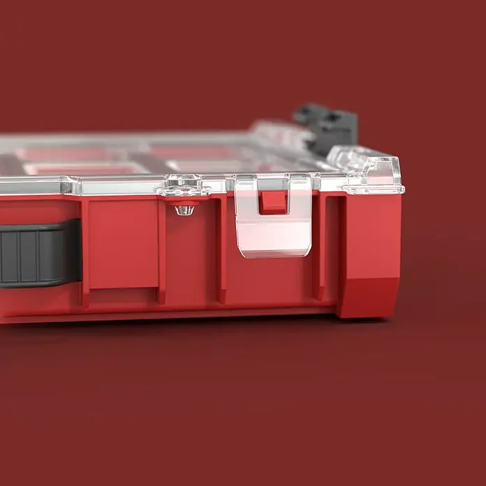 Qbrick System Kleinteilekoffer Pro Organizer 100 - L x B x H: 29,6 x 45 x 7,9 cm, Anzahl Fächer: 8 Stk. - Rote und transparente Kunststoff-Organizerbox mit durchsichtigem Deckel und Verschlüssen.
