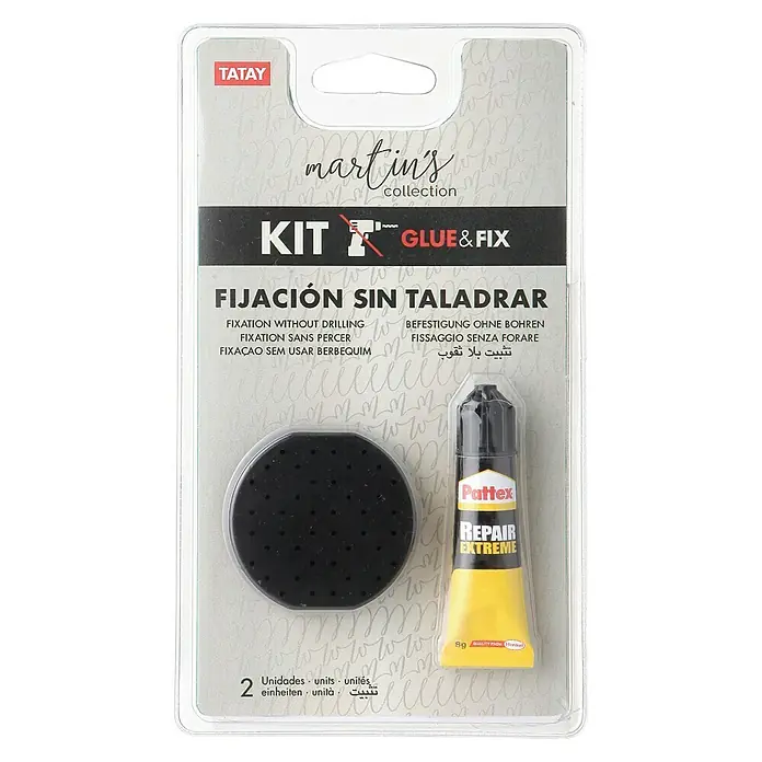 Tatay Fijación adhesiva Glue & Fix - 3 pzs. - Imagen del "Kit Glue & Fix" de Martin's Collection - un kit para fijación sin taladrar, incluye pegamento y almohadillas de fijación.