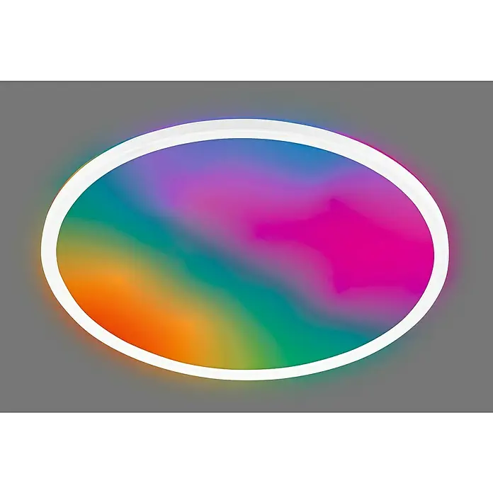 Brilo LED-Panel rund Tara Backlight - 22 W, Ø x H: 42 x 3 cm, Weiß, RGBW - Abstraktes ovales Wandbild mit Farbverlauf und weißem Rahmen, das eine moderne und lebendige Atmosphäre in jeden Raum bringt.
