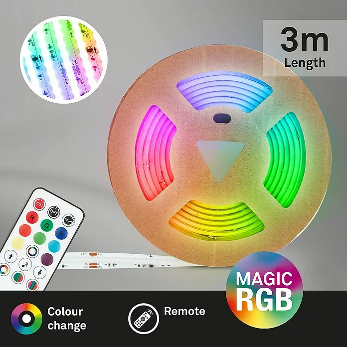 Brilo LED-Stripes COB - Länge: 3 m, RGB, 22 W - Eine 3m lange, mehrfarbige Magic RGB LED-Lichterkette auf einer Spule mit Fernbedienung zur Farbsteuerung.