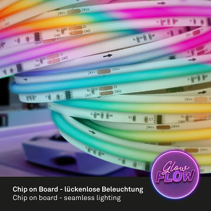 Brilo LED-Stripes COB - Länge: 3 m, RGB, 22 W - Nahaufnahme von LED-Streifen, die eine sanfte, nahtlose Beleuchtung für verschiedene Anwendungen bieten.