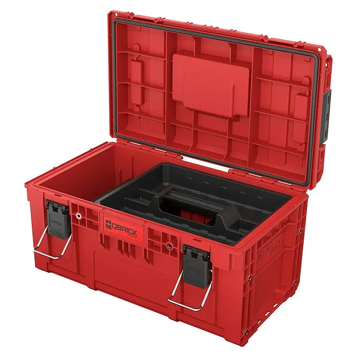 Qbrick System Werkzeugkasten Prime 250 Vario - L x B x H: 53,5 x 32,7 x 27,1 cm, Traglast: 50 kg, Polypropylen - Offene rote Kunststoff-Werkzeugkiste mit schwarzer herausnehmbarer Ablage, Metallverschlüssen und Seitengriffen.
