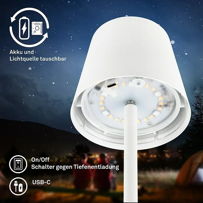Brilo Akku-Tischleuchte Cilano - L x B x H: 12 x 12 x 36 cm, RGBW, 1 Stk., Weiß - Produktbild einer modernen, weissen LED-Tischlampe mit USB-C Anschluss, ideal für Camping oder als Nachttischlampe.