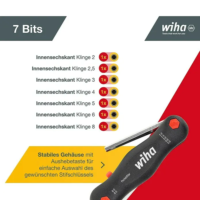 Wiha Multitool-Set Pocketstar - Schlüsselweite: 2 mm - 8 mm, 7 -tlg. - Wiha PocketStar Innensechskantschlüsselsatz mit schwarzem Griff und 7 silbernen Stiftschlüsseln (Größen 2-8 mm).