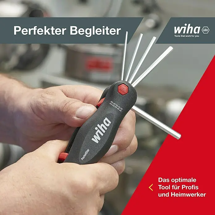 Wiha Multitool-Set Pocketstar - Schlüsselweite: 2 mm - 8 mm, 7 -tlg. - Eine Person hält ein schwarzes Wiha PocketStar Inbusschlüssel-Set mit ausgefächerten silbernen Schlüsseln von 2.0 bis 5.0mm.