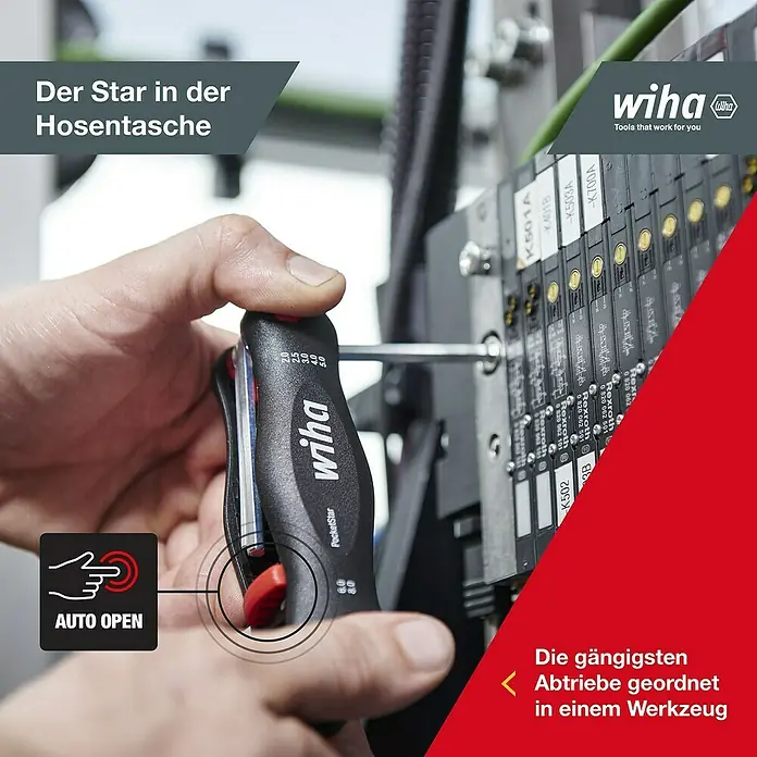 Wiha Multitool-Set Pocketstar - Schlüsselweite: 2 mm - 8 mm, 7 -tlg. - Person nutzt ein schwarzes Wiha PocketStar Inbusschlüssel-Set an einem Industriepanel. Das Multitool verfügt über eine Auto Open-Funktion.