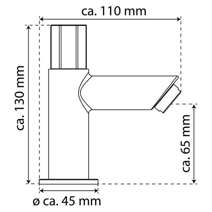 Camargue Kaltwasser-Standventil Bali/Milan - Chrom, Glänzend - Produktabbildung: Skizze eines Wasserhahns mit Maßangaben. Höhe ca. 130 mm, Breite ca. 110 mm, Durchmesser Sockel ca. 45 mm.