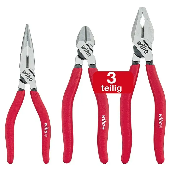 Wiha Zangen-Set Classic - 3 -tlg. - Dreiteiliges Wiha Zangenset: Spitzzange, Seitenschneider und Kombizange mit roten Griffen.
