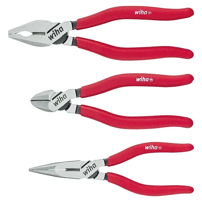 Wiha Zangen-Set Classic - 3 -tlg. - Ein Set aus drei Wiha Zangen: Kombi-, Seiten- und Spitzzangen, alle mit roten ergonomischen Griffen und silbernen Metallbacken.