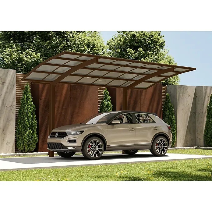 Ximax Carport Portoforte 80 - Außenmaß inkl. Dachüberstand (B x T): 2,7 x 4,95 m, Einzelcarport, Mattbraun, Schneelast: 100 kg/m² - Das Bild zeigt ein Carport mit einem stilvollen Auto darunter. Das Carport bietet Schutz und fügt sich nahtlos in die moderne Umgebung ein.