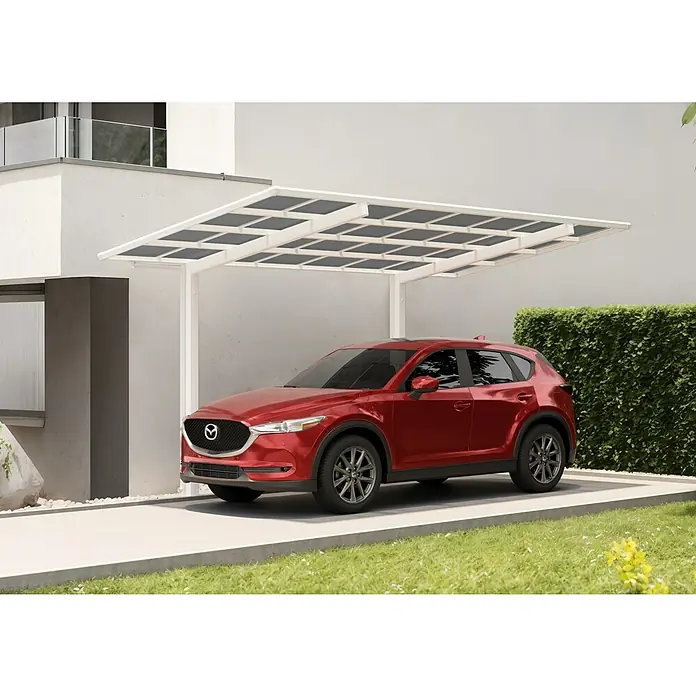 Ximax Carport LINEA 80 - Außenmaß inkl. Dachüberstand (B x T): 2,73 x 4,95 m, Einzelcarport, Weiß - Ein roter Mazda CX-5 geparkt unter einem weißen Carport mit integrierten Solarzellen, das moderne Design und Funktionalität vereint.
