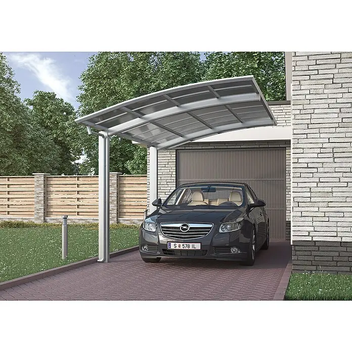 Ximax Carport Portoforte 60 - Außenmaß inkl. Dachüberstand (B x T): 2,7 x 4,95 m, Einzelcarport, Edelstahloptik, Schneelast: 75 kg/m² - Hier ist ein Carport mit einem darunter geparkten grauen Auto. Der Carport bietet Schutz vor Witterungseinflüssen.
