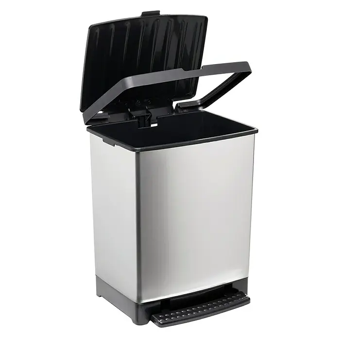 Tatay Cubo con pedal Pedal Trend - 25 l, Plástico, Gris/Negro - Un cubo de basura plateado con tapa negra y pedal. Ideal para cocina o baño, ofrece una eliminación higiénica de residuos.