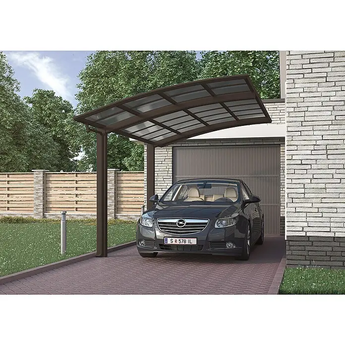 Ximax Carport Portoforte 80 - Außenmaß inkl. Dachüberstand (B x T): 2,7 x 4,95 m, Einzelcarport, Mattbraun, Schneelast: 100 kg/m² - Carport mit grauem Auto: Die perfekte Kombination aus Schutz und Stil für Ihr Fahrzeug. Das Carport schützt vor Wettereinflüssen.