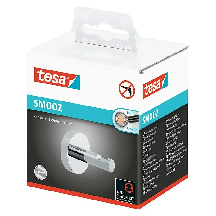 Tesa Smooz Colgador para el baño para albornoz - Cromo, Resplandeciente - Embalaje del gancho para albornoz Tesa Smooz cromado, fácil de montar sin taladro gracias a la tecnología Power.Kit para baño.