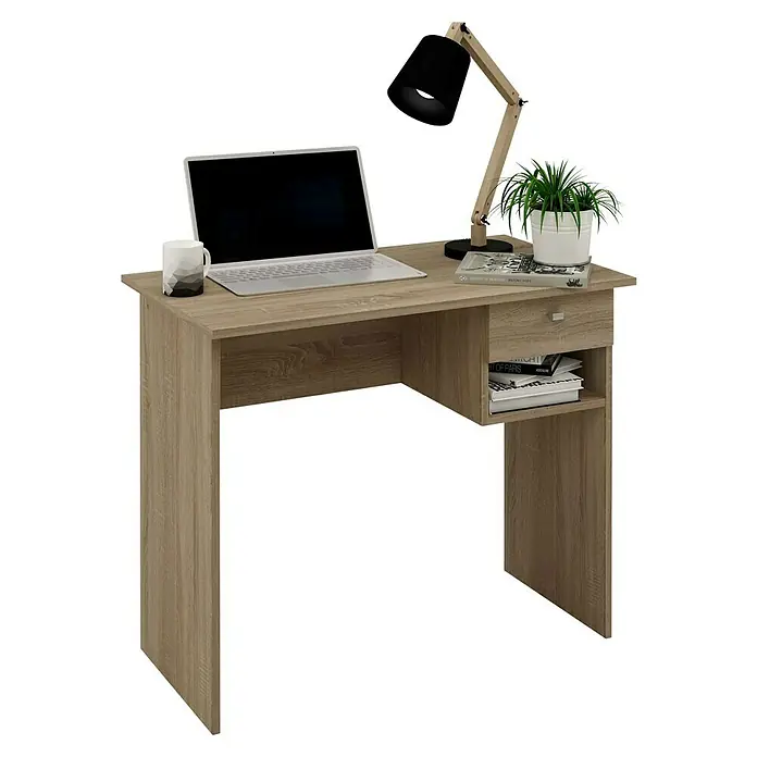 Meka Block Mesa de escritorio K-9453 - L x An x Al: 50 x 90 x 74 cm, Roble Cortez - Un escritorio de madera clara con cajón, espacio de almacenamiento, lámpara, computadora portátil, planta y taza, ideal para un estudio moderno.