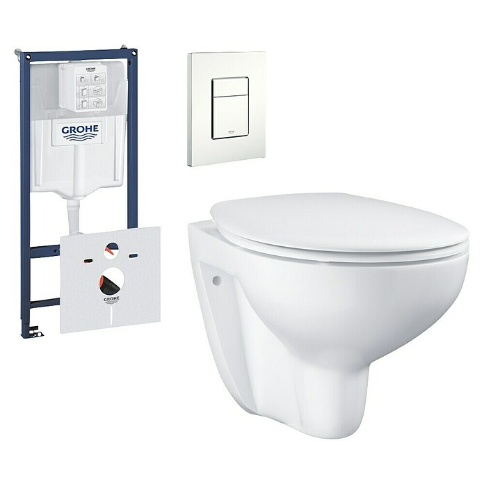 Grohe Hangend toiletset + Inbouwreservoir + Bedieningspaneel (Zonder spoelrand, Uitlaat toilet: Horizontaal, Alpine Wit) | BAUHAUS