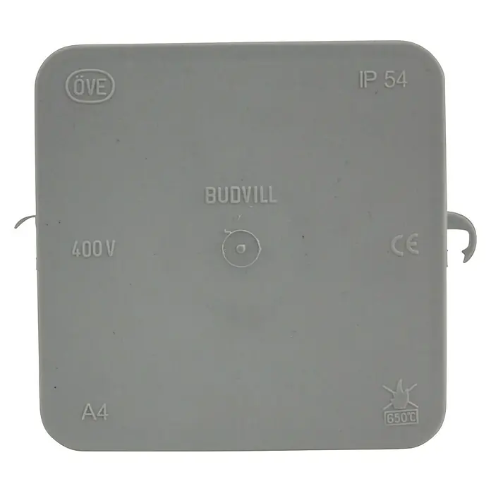 Abzweigdose - 100 x 100 x 40 mm, Aufputz, Grau - Graue Budvill-Abzweigdose mit verschiedenen Kennzeichnungen wie ÖVE, IP 54, 400V, CE, A4 und 650°C.