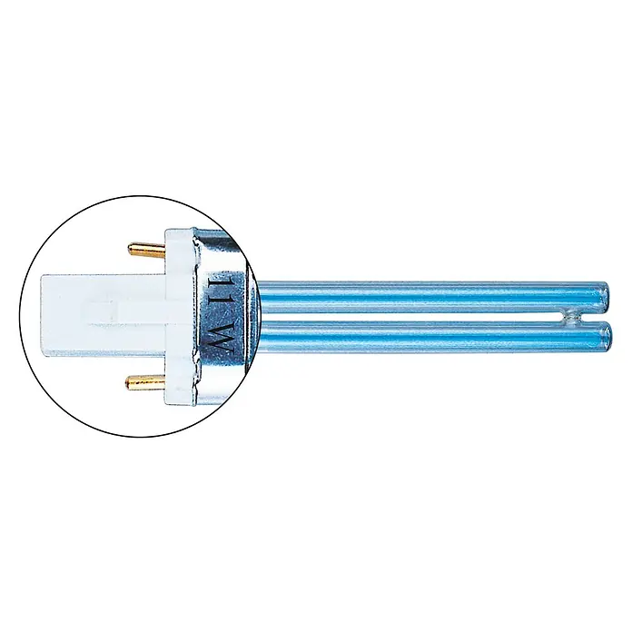 Heissner Ersatzlampe UVC PL-S - 7 W - 11W 2-polige Kompaktleuchtstofflampe mit weißem Sockel und blauen Glasröhren.