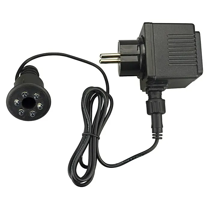 Heissner Teichbeleuchtung - 2,5 W, Warmweiß - Schwarzes Netzteil mit Eurostecker und Kabel, das zu einem runden Gerät mit sechs LEDs führt.