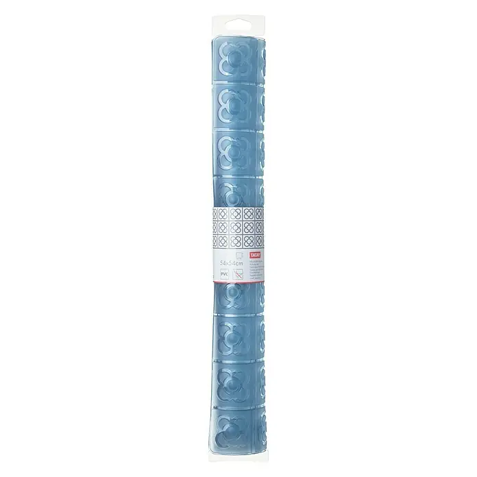 Tatay Alfombra antideslizante para ducha BCN - 54 x 54 cm, PVC, Azul - Un rollo de alfombra de baño transparente azul con un patrón floral en un paquete de plástico.